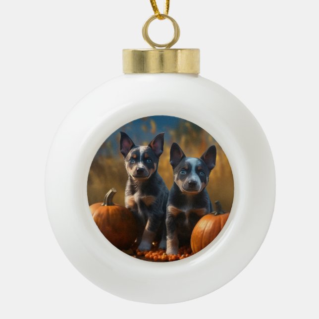 Blue Heeler Puppy Autumn Delight Pumpkin Ceramic Ball Christmas Ornament (Front)
