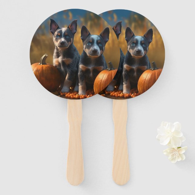 Blue Heeler Puppy Autumn Delight Pumpkin Hand Fan (Front and Back)