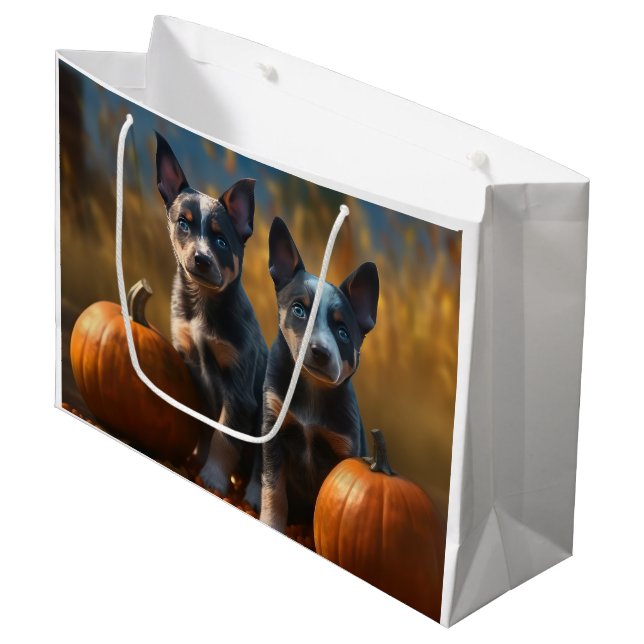 Blue Heeler Puppy Autumn Delight Pumpkin Large Gift Bag (Front Angled)