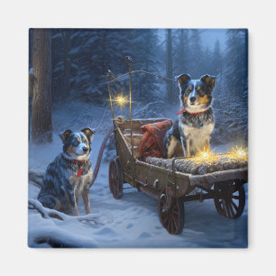 Blue Heeler Snowy Sleigh Christmas Decor Magnet