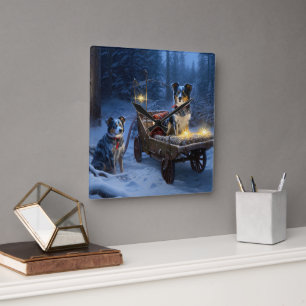 Blue Heeler Snowy Sleigh Christmas Decor Square Wall Clock
