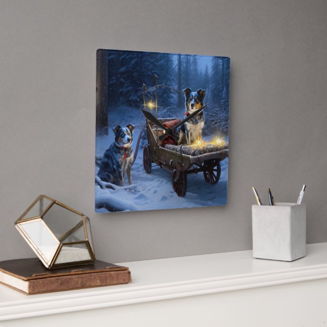 Blue Heeler Snowy Sleigh Christmas Decor  Square Wall Clock (Office)
