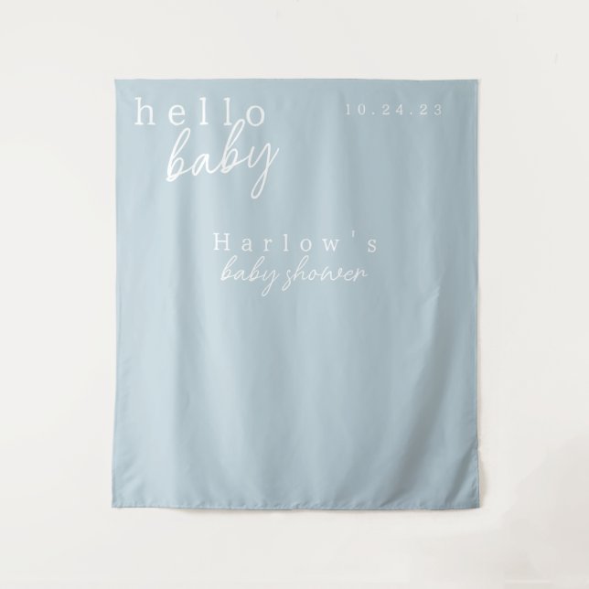 Blue Hello Baby Modern Baby Shower Banner  Tapestry (Front)