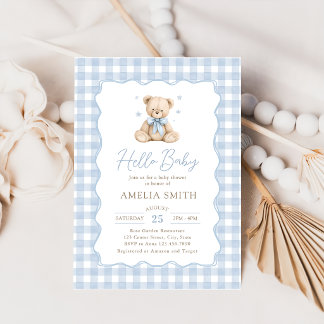 Blue Hello Baby Teddy Bear Baby Shower Invitation