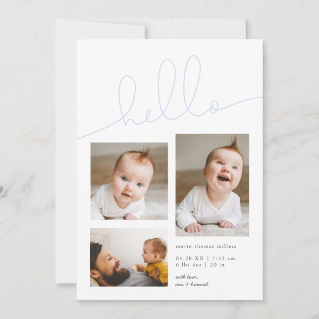 Blue Hello Script Multi Photo Boy Birth Announcement (Front)