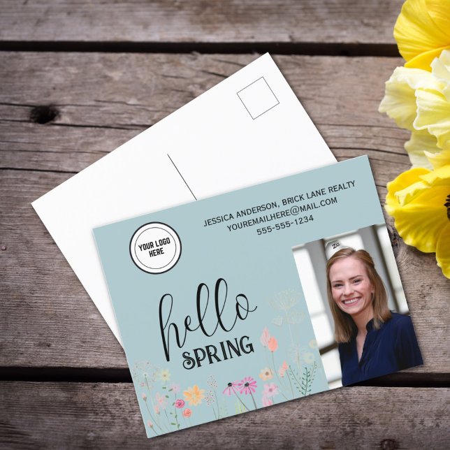 Blue Hello Spring Floral Real Estate Promotional Postcard (Creator Uploaded)