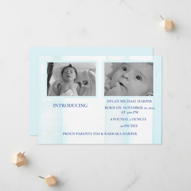Blue Hello World Boy Birth Announcement (Front/Back In Situ)