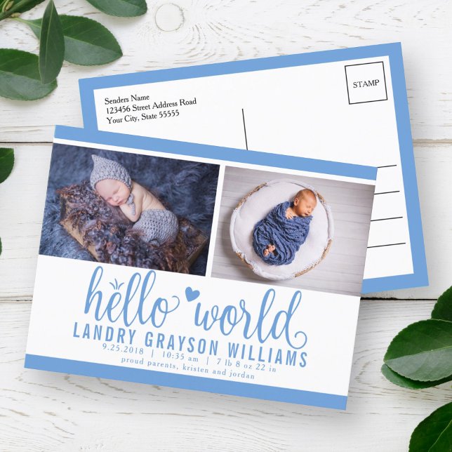 Blue Hello World Photo Birth Stat Announcement Postcard (Creator Uploaded)