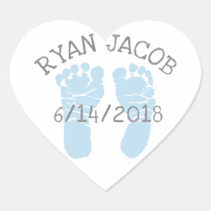 Blue Herat Baby Announcement Footprints Heart Sticker