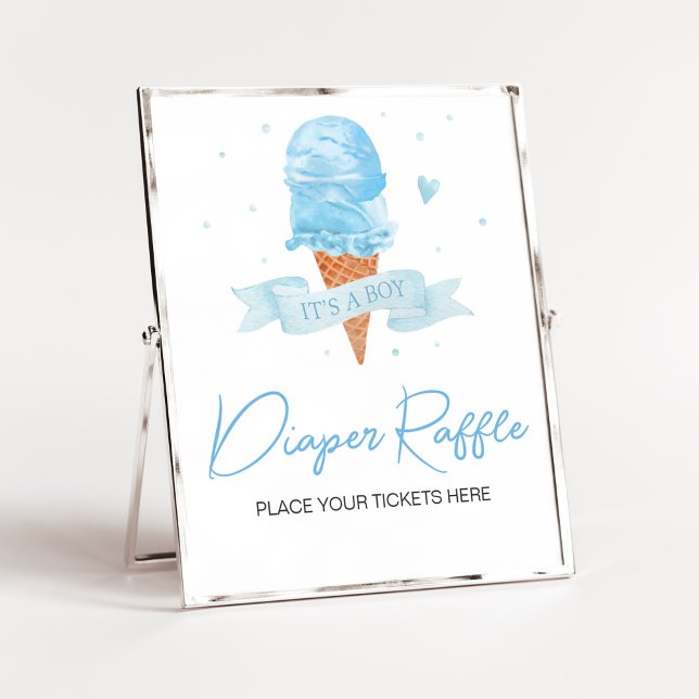 Blue Here's the Scoop Baby Shower Diaper Raffle Poster (Boy Ice Cream Baby Shower Diaper Raffle Sign)