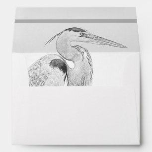 Blue Heron and Rocks, Water Bird Sketch Wedding Envelope