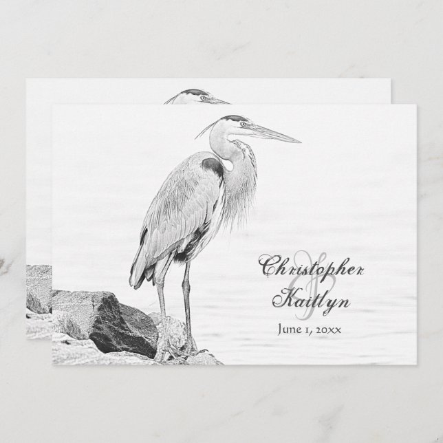 Blue Heron and Rocks, Water Bird Sketch Wedding Invitation (Front/Back)