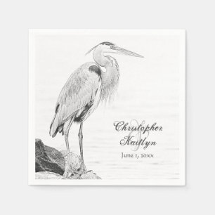 Blue Heron and Rocks, Water Bird Sketch Wedding Napkin