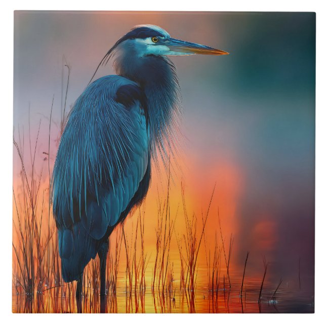 Blue Heron at Sunrise Ceramic Tile (Front)
