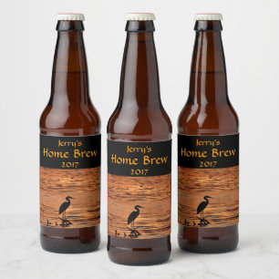Blue Heron Bird Orange Sunset Beer Label