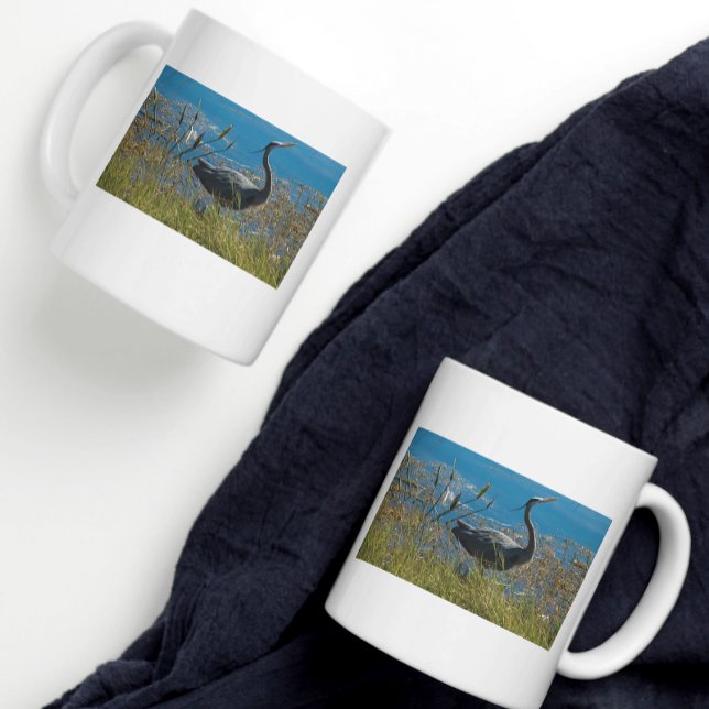 Blue Heron Bird Posing Photograph Coffee Mug (A photograph of a Great Blue Heron bird on a mug)