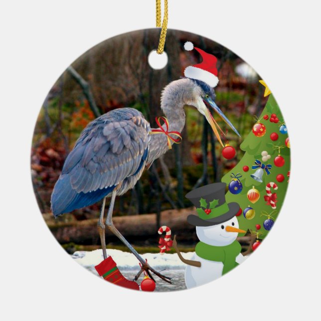 Blue Heron Christmas Ceramic Tree Decoration (Front)