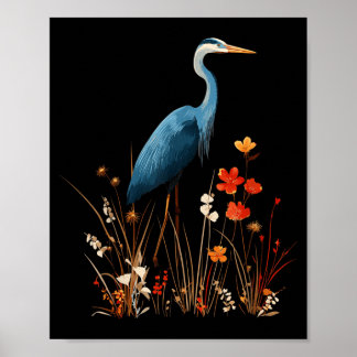 Blue Heron Floral Wildflower Bird Watching Poster