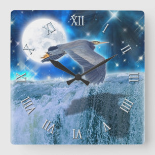 Blue Heron, Full Moon & Waterfall Fantasy Scene Square Wall Clock