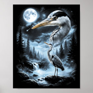 Blue Heron Howling At Moon 90s Retro Bird Poster