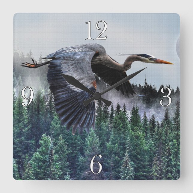 Blue Heron & Misty Forest Wildlife Square Wall Clock (Front)