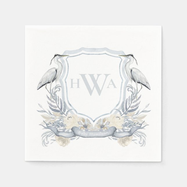 Blue Heron Monogram Crest Grandmillennial Napkin (Front)