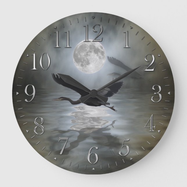 Blue Heron & Moon Wildlife Fantasy Wall Clock (Front)