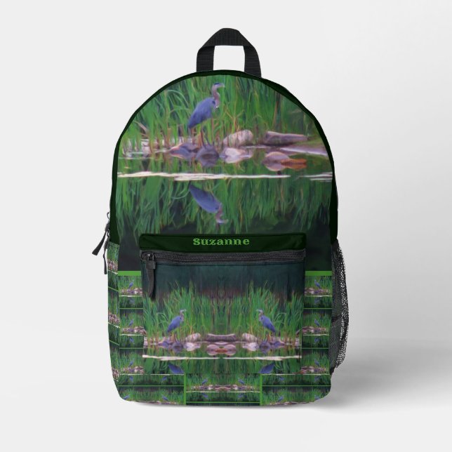 Blue Heron Nature Painting Personalised Printed Backpack (Front)