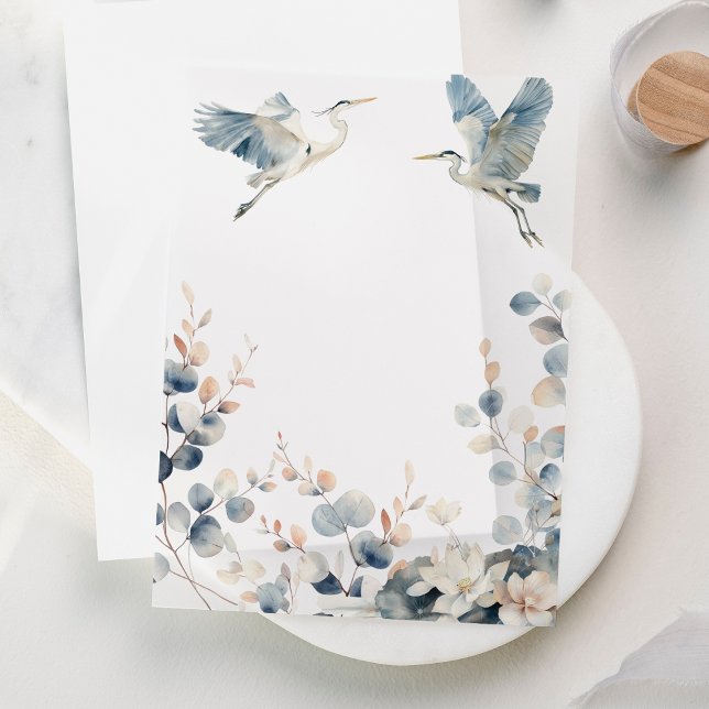 Blue Heron Pastel Leaves Wedding Vellum Vellum Invitations (Creator Uploaded)