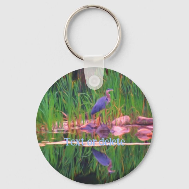 Blue Heron Reflection Nature Painting Personalised Key Ring (Front)