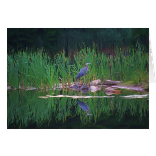 Blue Heron Reflections Animal Painting Card (Front Horizontal)