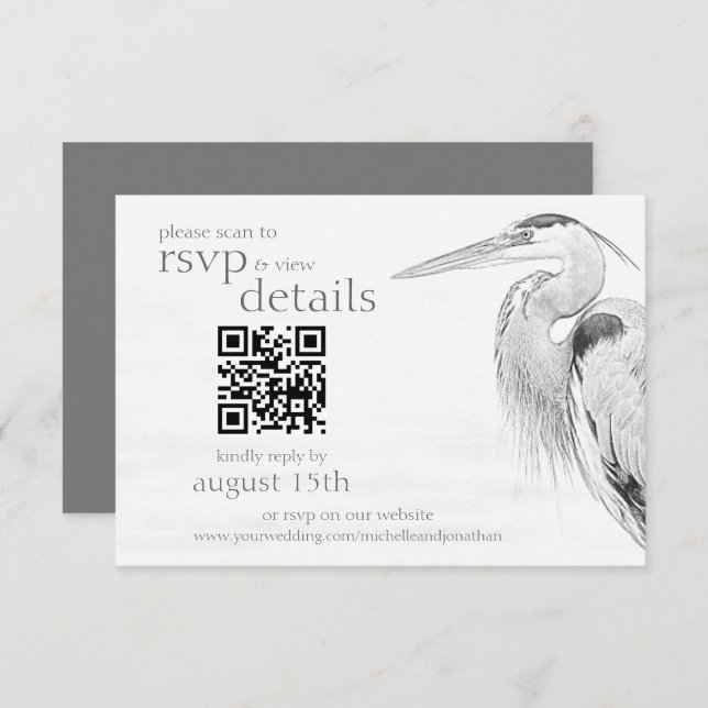 Blue Heron Sketch Wedding QR Code Details and RSVP Card (Front/Back)