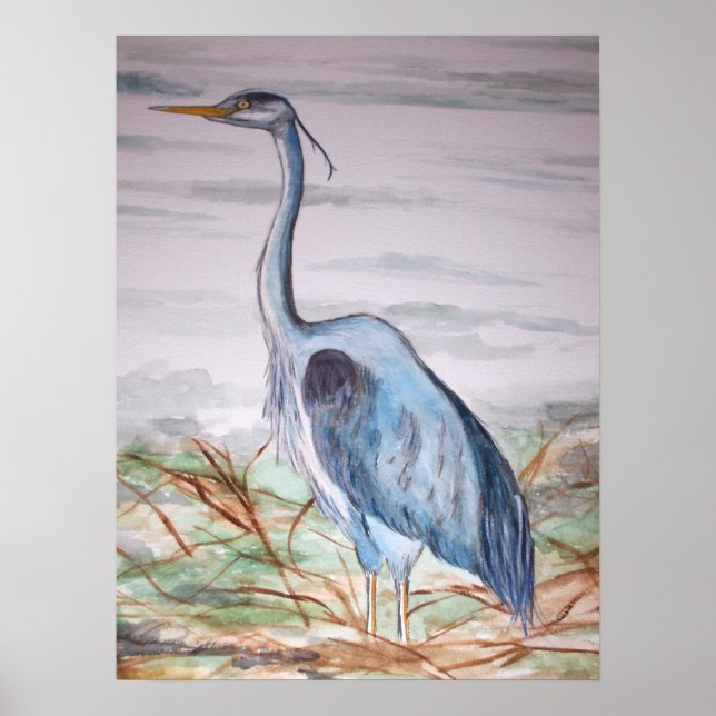 Blue Heron Watercolor painting Poster (Front)