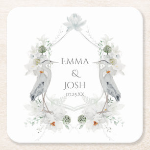 Blue Heron Waterfowl White Floral Ethereal Wedding Square Paper Coaster