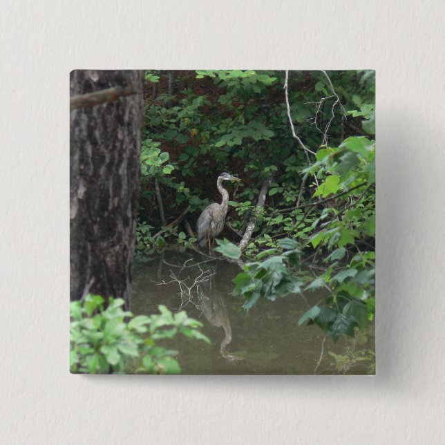 Blue Heron with Reflection on Water 15 Cm Square Badge (Front)