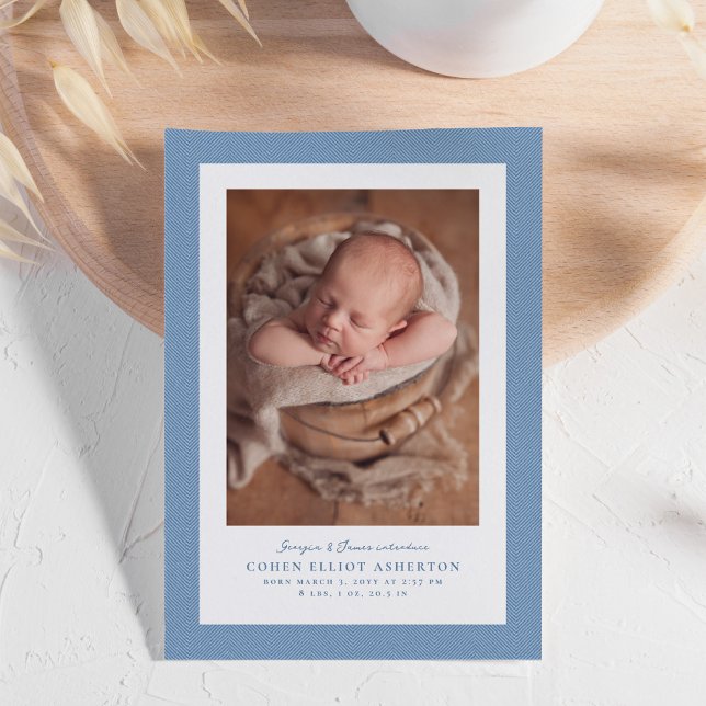 Blue herringbone tweed frame simple photo birth announcement (Creator Uploaded)