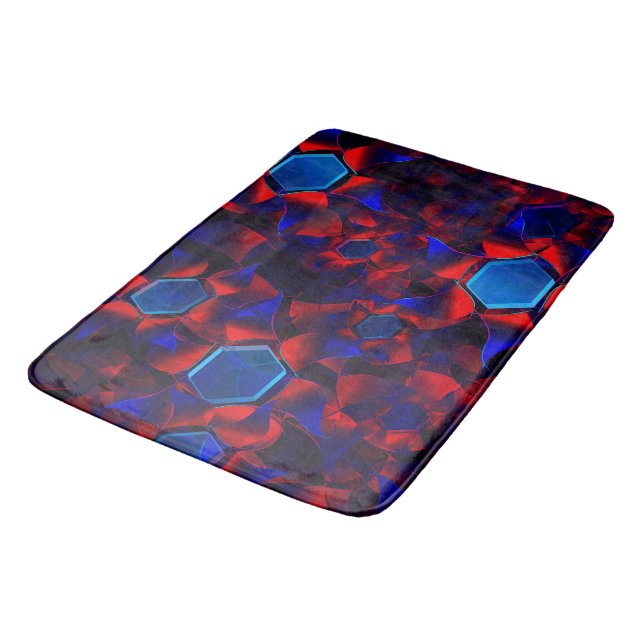 Blue hexagon mixed with overlapping red curves bath mat (Angled)