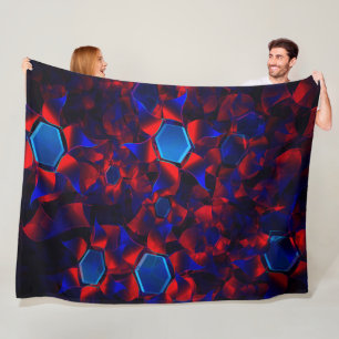 Blue hexagon mixed with overlapping red curves fleece blanket