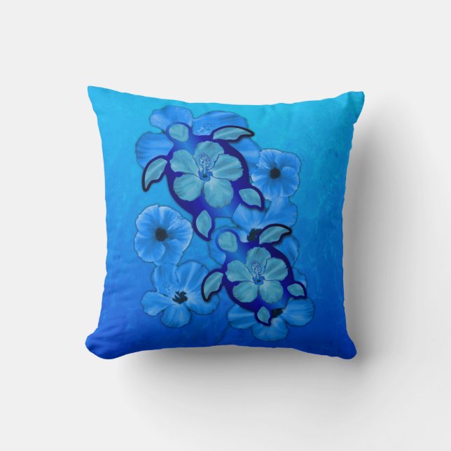 Blue Hibiscus And Honu Turtles Cushion (Front)