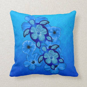 Blue Hibiscus And Honu Turtles Cushion