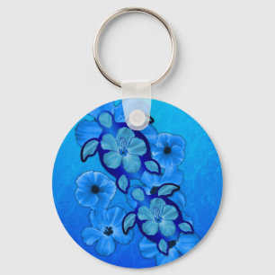 Blue Hibiscus And Honu Turtles Key Ring