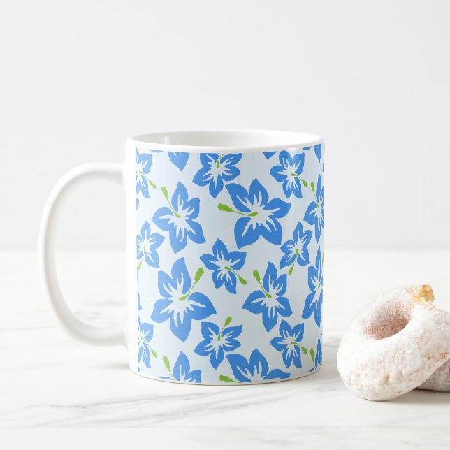 Blue Hibiscus, Blue Flowers, Pattern Of Flowers Coffee Mug (With Donut)
