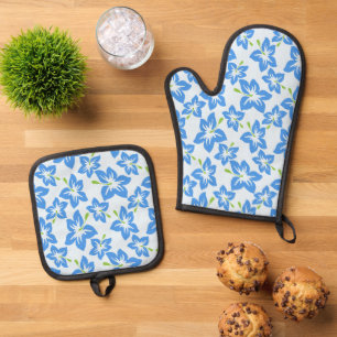 Blue Hibiscus, Blue Flowers, Pattern Of Flowers Oven Mitt & Pot Holder Set