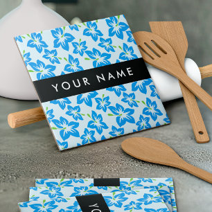 Blue Hibiscus, Blue Flowers, Your Name Ceramic Tile