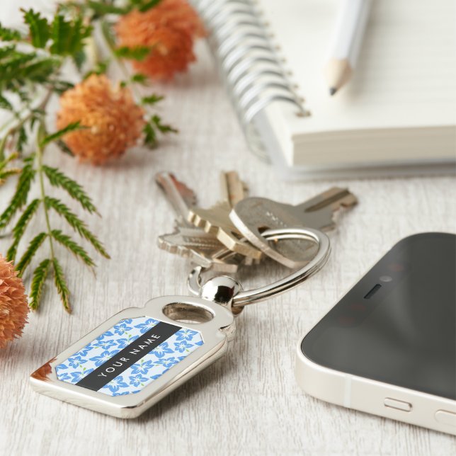 Blue Hibiscus, Blue Flowers, Your Name Key Ring (Side)