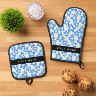 Blue Hibiscus, Blue Flowers, Your Name Oven Mitt & Pot Holder Set