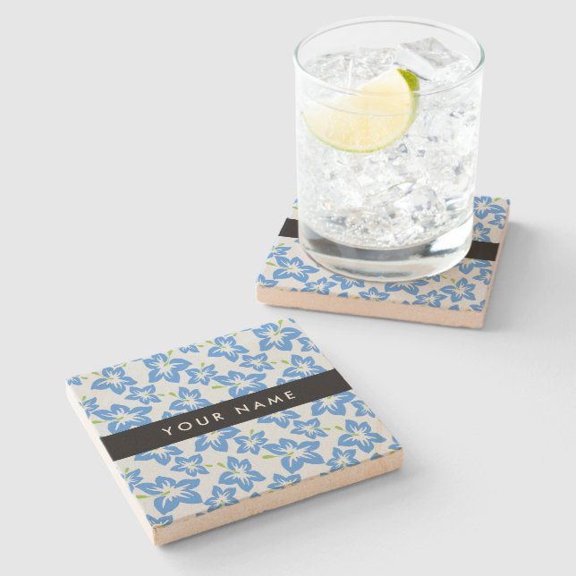 Blue Hibiscus, Blue Flowers, Your Name Stone Coaster (Side)