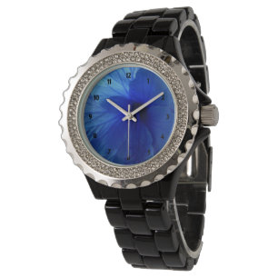 Blue Hibiscus Flower Rhinestone Black Enamel Watch