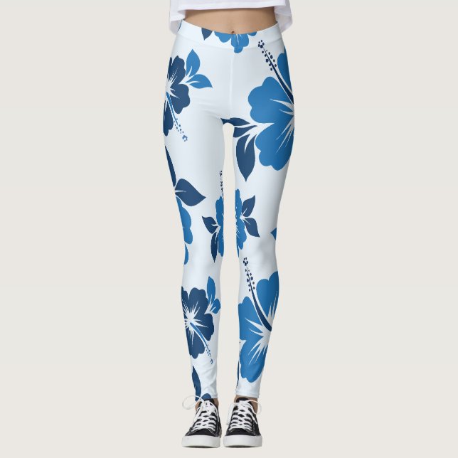 Blue Hibiscus Flowers Leggings (Front)