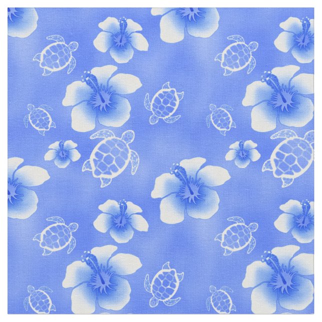 Blue Hibiscus Honu Hawaiian Fabric (Close Up)